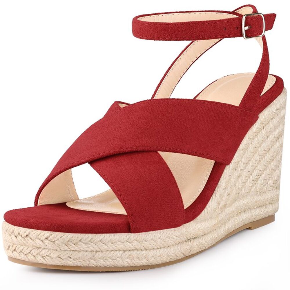 Platform Slingback Cross Straps Espadrilles Wedge Sandals, Red